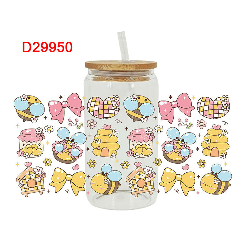 Wholesale Colorful bee flowers 16oz Cup UV DTF Wraps
