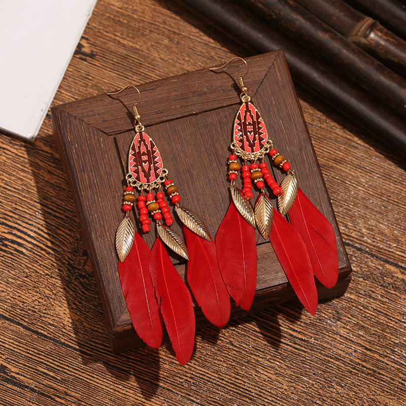 Wholesale Retro Pattern Long Rice Bead Tassel Earrings