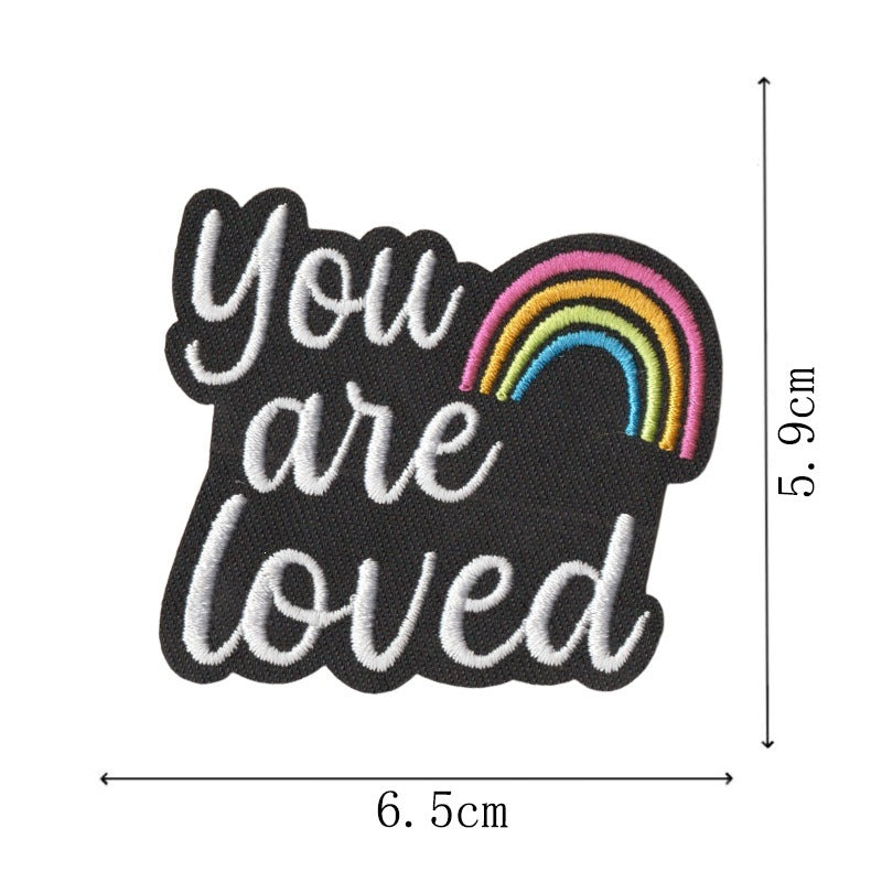 Wholesale Boutique Rainbow Heart Inspirational Quote Iron On Patches Black White Embroidered Appliques For ets Polyester Cotton Set Of 9
