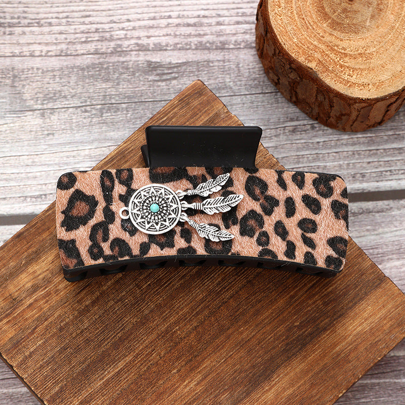 Wholesale Artificial Leather Retro Western Style Hair Claw With Turquoise Leopard Print Chic Boutique Accessory For Resale