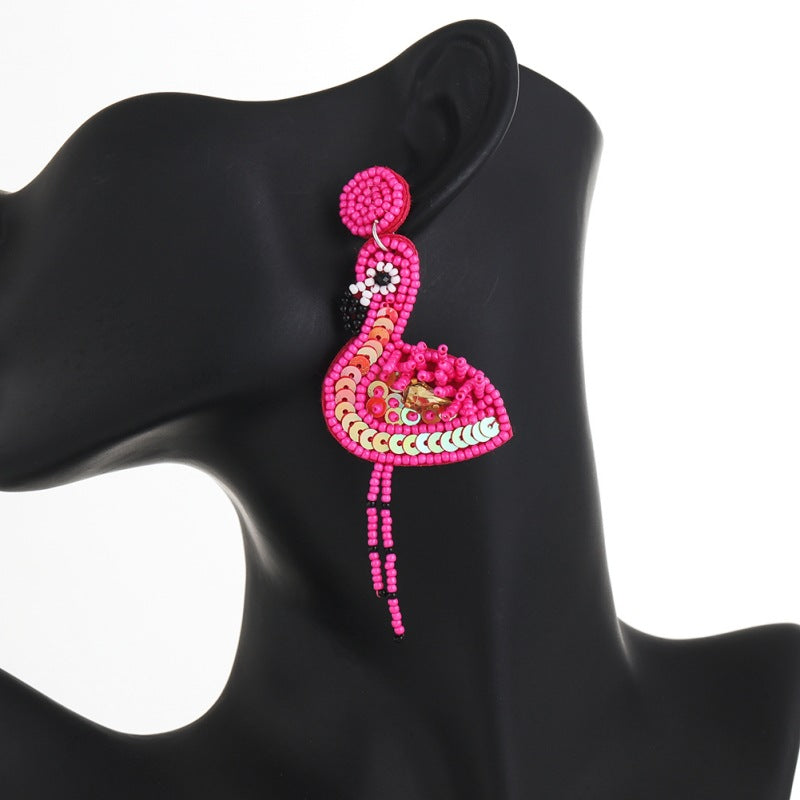 Wholesale Pink Flamingo Fabric Art Rice Beads Handmade Tassel Earrings