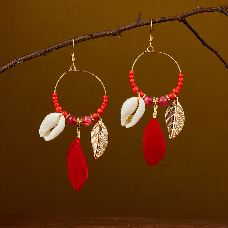 Wholesale Ethnic retro long multi-color holiday feather beaded circle earrings