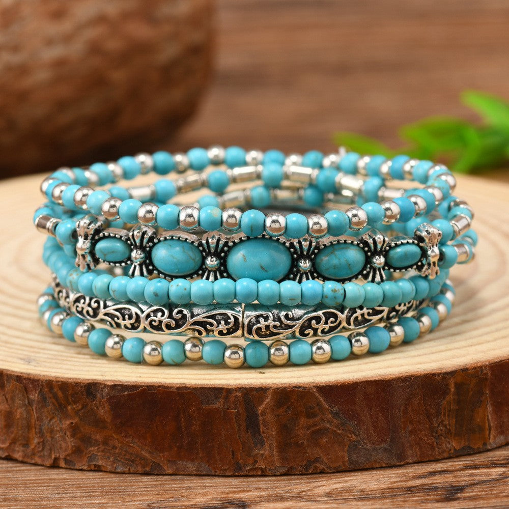 Wholesale Western Turquoise Cattle Head Hat Multi-layer Storestring Bracelet Multi-piece Beaded Bracelet