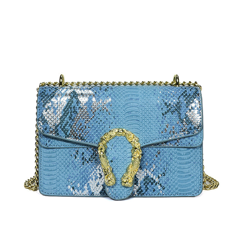 Wholesale Glittered Snakeskin Gold Chain Cross-body Bag with Double Compartment Flap