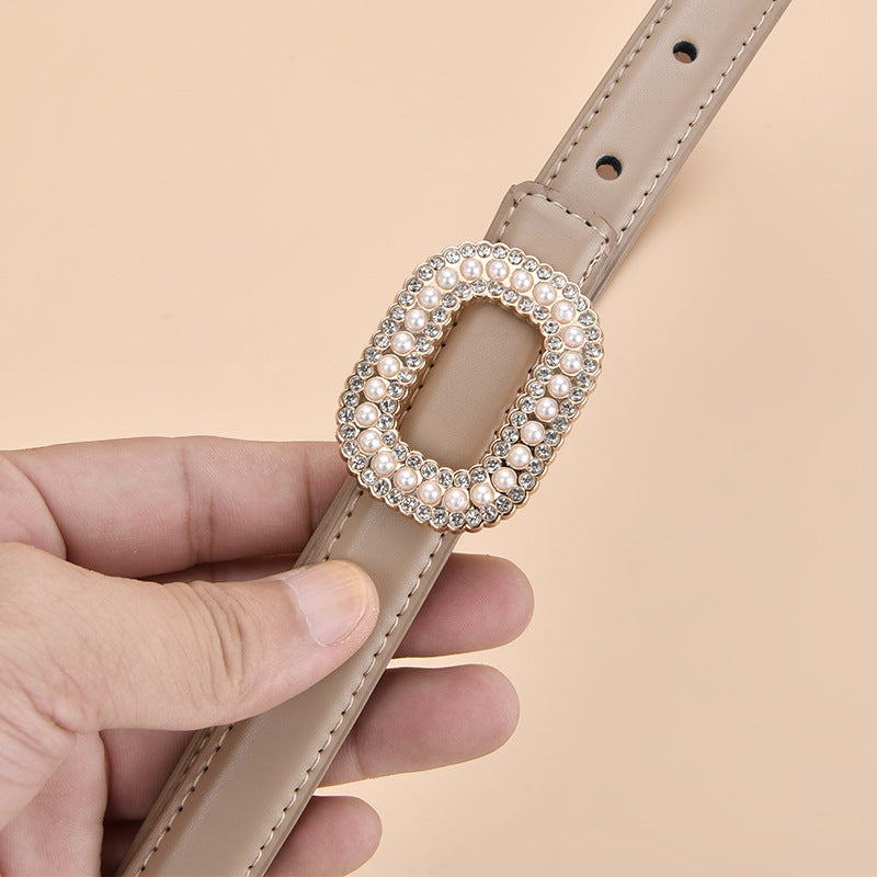 Wholesale Versatile Genuine Leather Belt with Round Buckle Inlaid with Pearls and Rhinestones