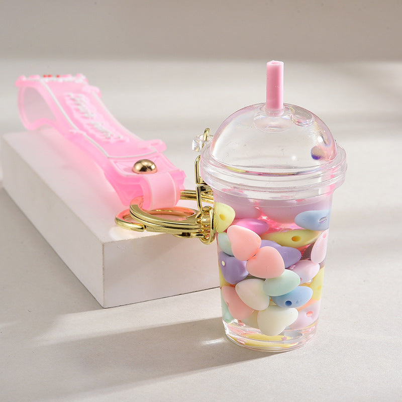 Wholesale Acrylic flowing sand bottle milk tea cup keychain