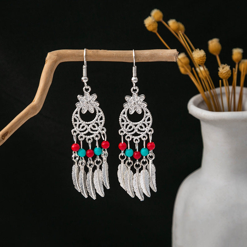 Wholesale Ethnic Style Long Style Feather Tassel Alloy Earrings