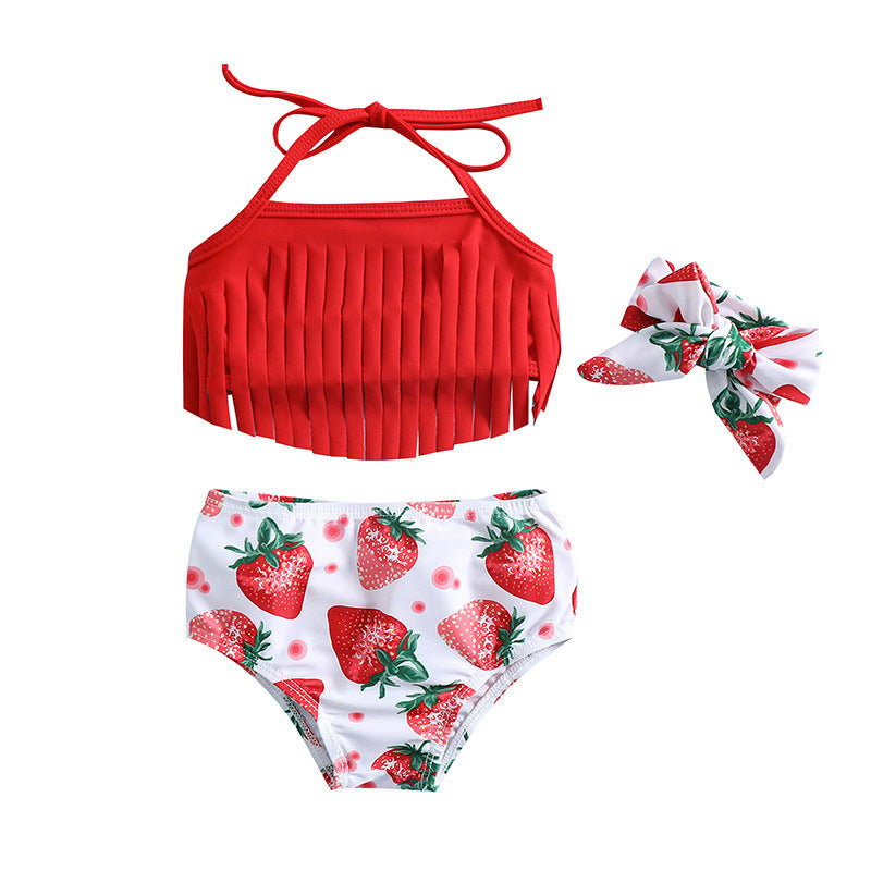 Wholesale Children's Summer Fruit Print Swimwear + Bandana Three-piece Set Split Swimwear