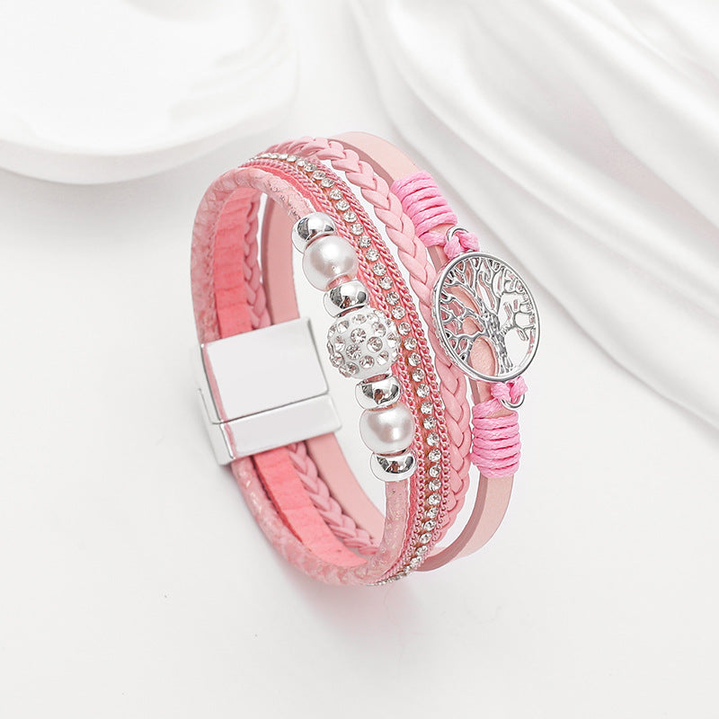 Wholesale Ethnic style imitation pearl diamond ball magnetic clasp woven bracelet