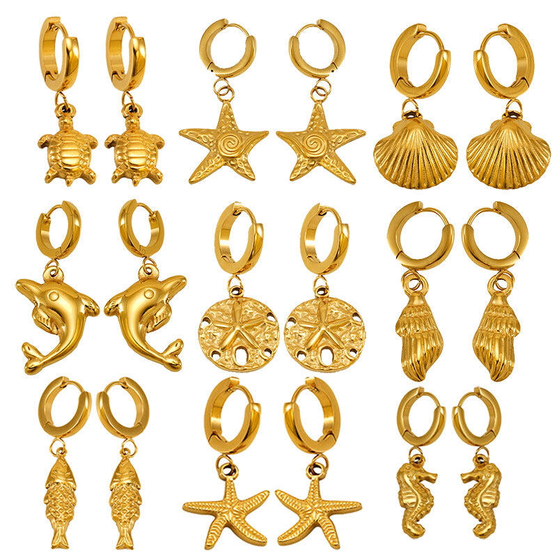 Wholesale Gold Turtle  Conch Starfish  Crab Pendant Titanium Steel Earrings