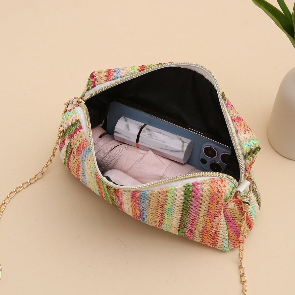 Wholesale Rainbow Straw Woven Camera Bag Crossbody Chain Bag