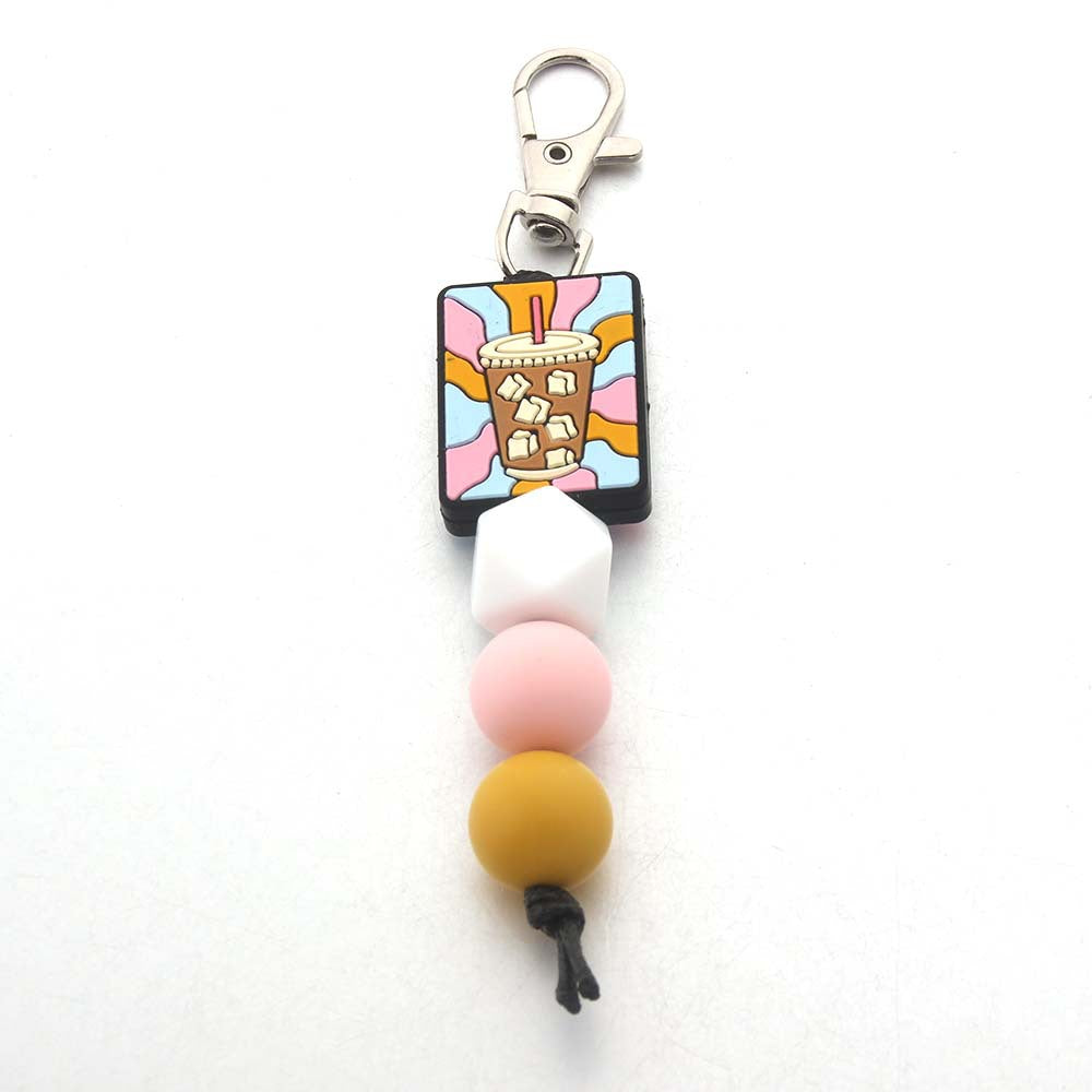 Wholesale Silicone Cartoon Coffee Print Beaded Bracelet Keychain