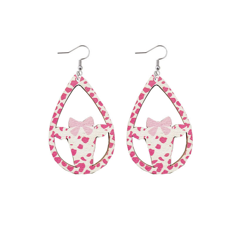 Wholesale Pink Bow Cow Droplets Wooden Hollow Earrings