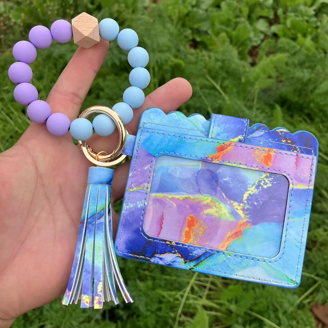 Wholesale Colorful Beads PU Leopard Snake Print Coin Purse Keychain