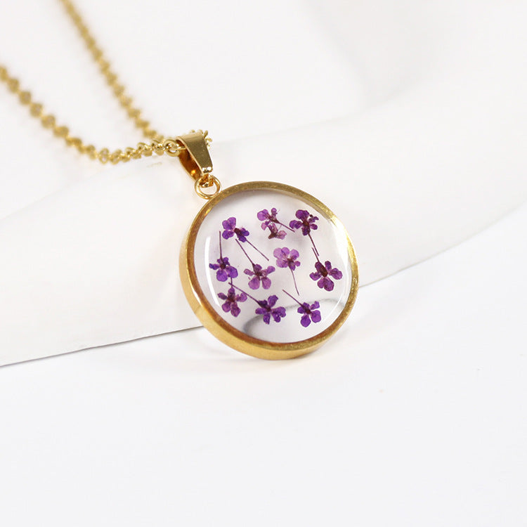 Wholesale 6pcs Simple Resin Stainless Steel Round Dripping Glue Dried Flower Necklace