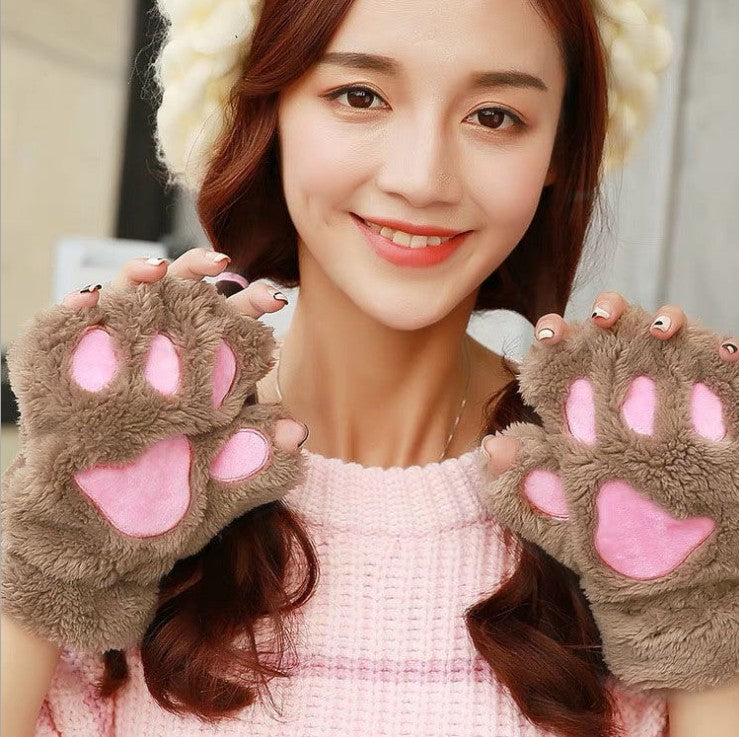 Wholesale Winter Fingerless Thickened Warm Cat Claw Plush Half Finger Gloves