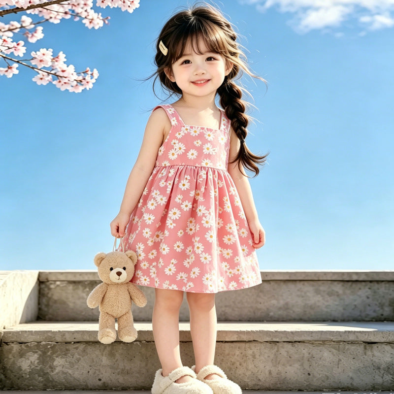 Wholesale Chic Girls Floral Summer Princess Dress Polyester Spaghetti Strap Casual Kid Outfit Stylish Boutique Resale For 3 8 Years
