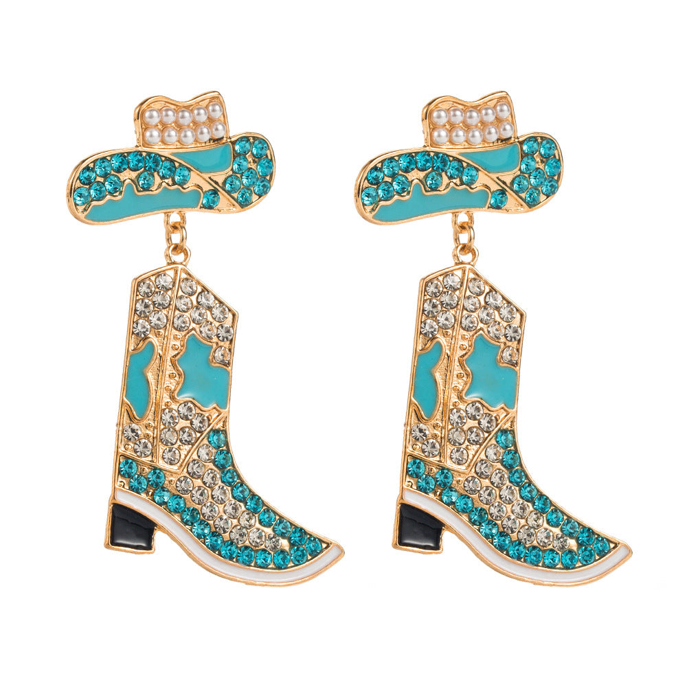 Wholesale Western style diamond cowboy boots and exaggerated colored diamond earrings
