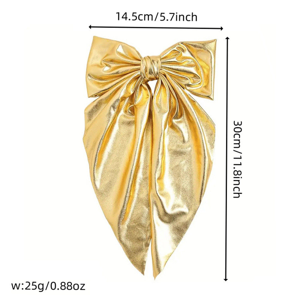 Wholesale Shiny leather bow hairpin long ribbon spring clip