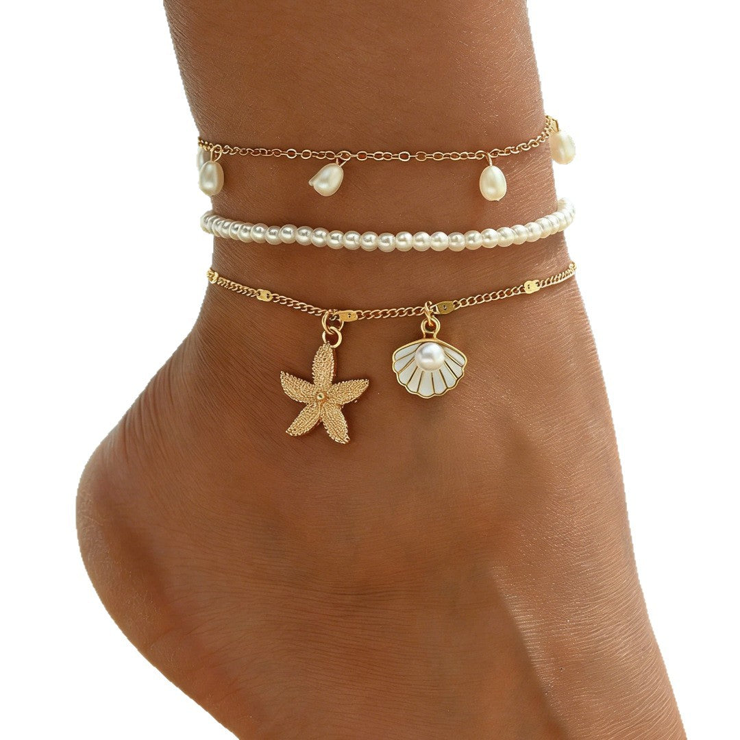 Wholesale Bohemian Ocean Anklet Set With Starfish Shell And Imitation Pearls Beach Vacation Fashion Accessory