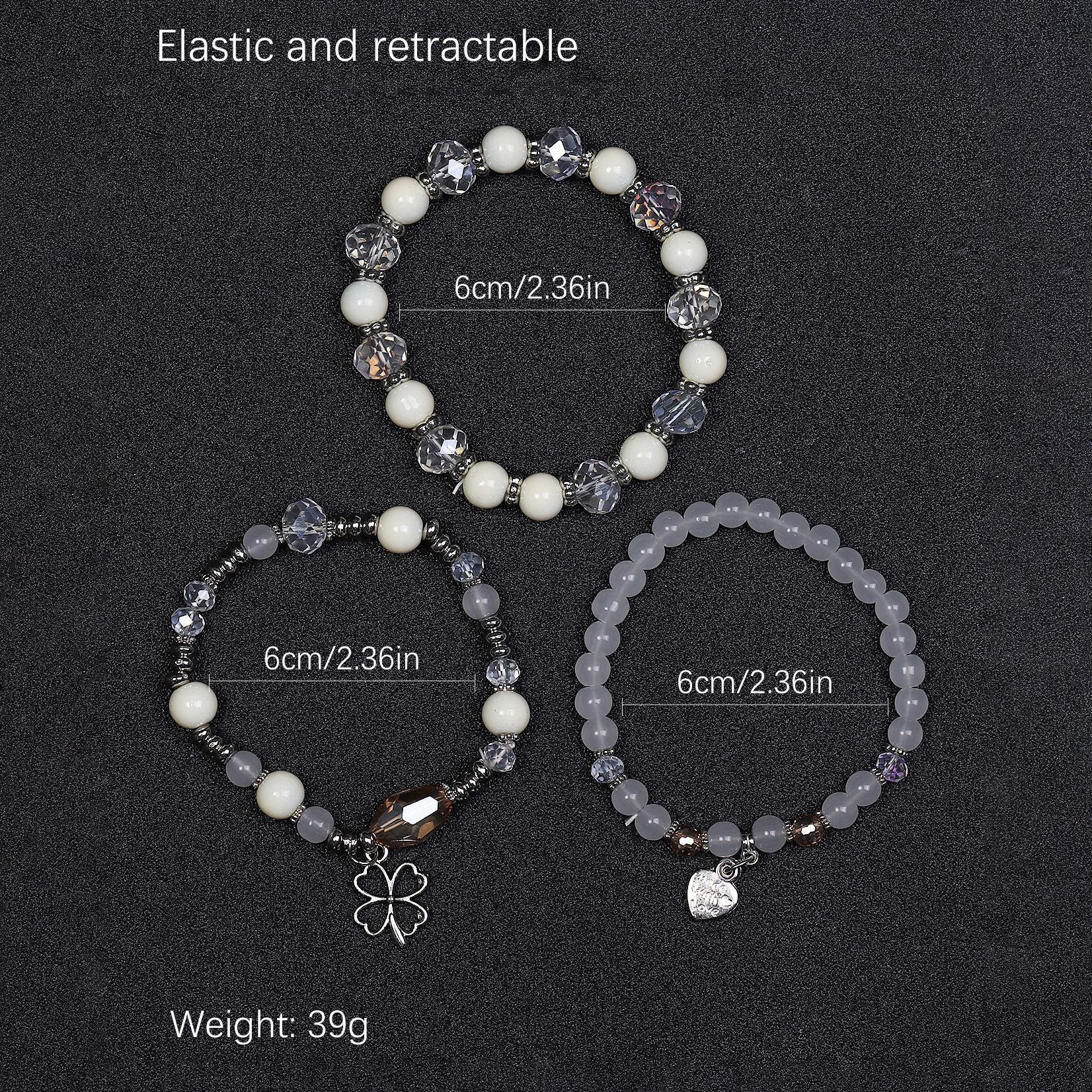 Wholesale Four Leaf Grass Heart Multi Layered Pendant Glass Elastic Bracelet