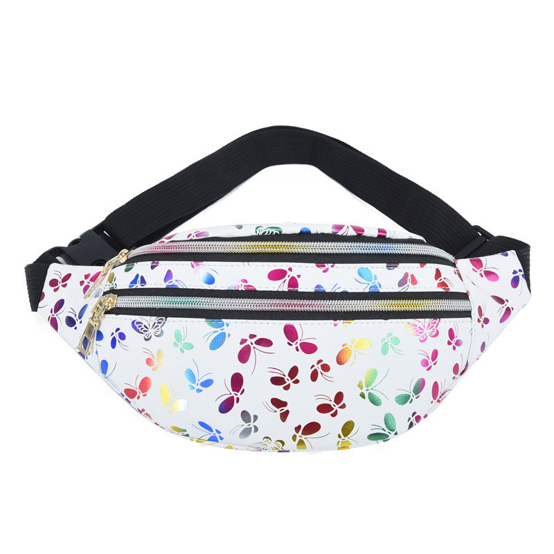 Wholesale Double Zipper PU Waist Bag Colorful Butterfly Print Chest Bag Crossbody Bag