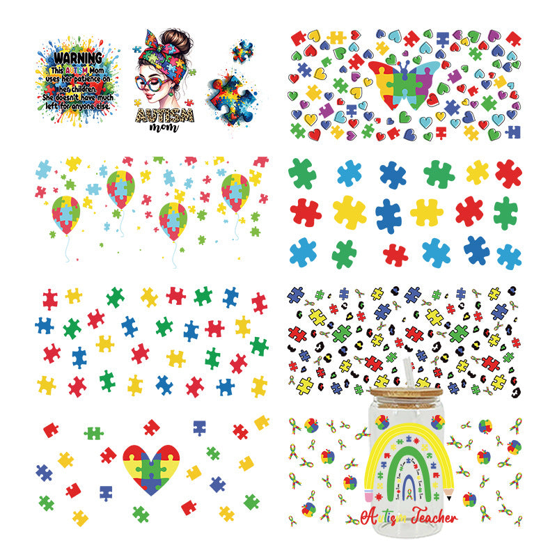 Wholesale Colorful Cartoon Puzzle 16oz Cup UV DTF Wraps