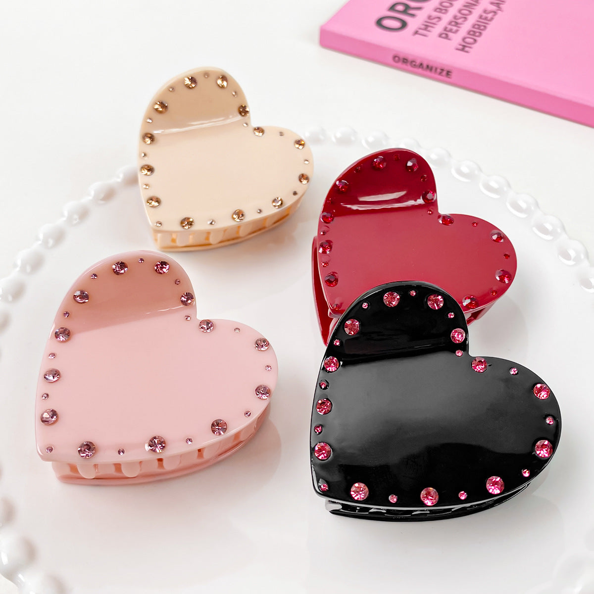 Wholesale Acrylic Diamond Studded Pearl Heart Hair Clips