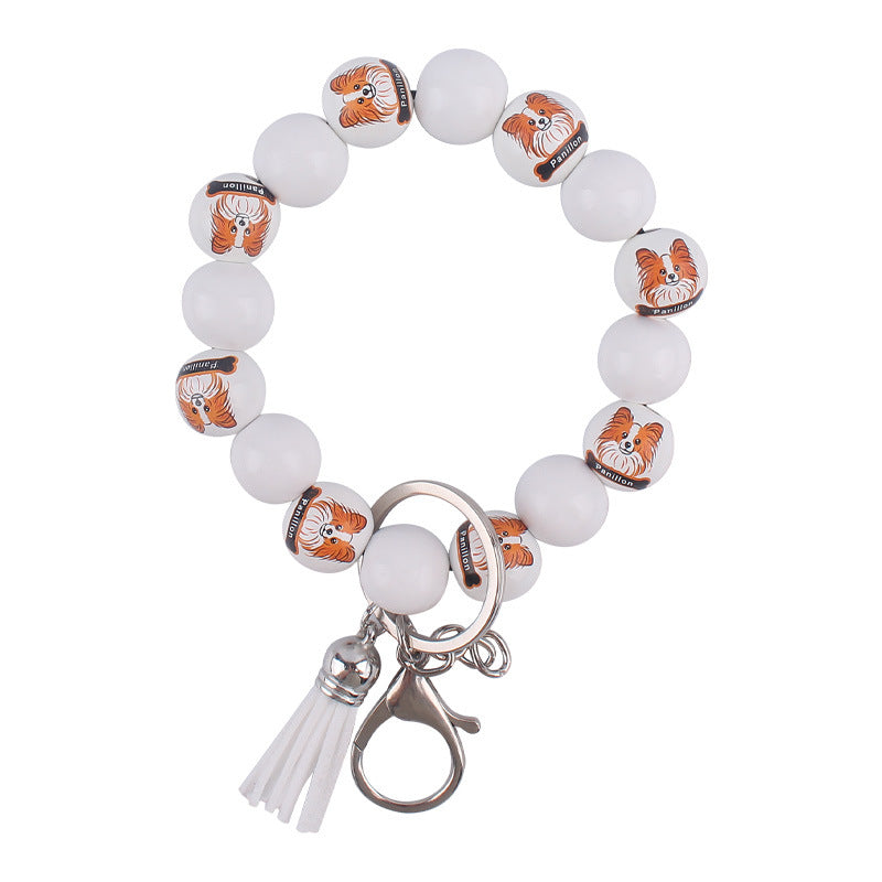 Wholesale Wooden Dog Leather PU Small Tassel DIY Beaded Bracelet Keychains
