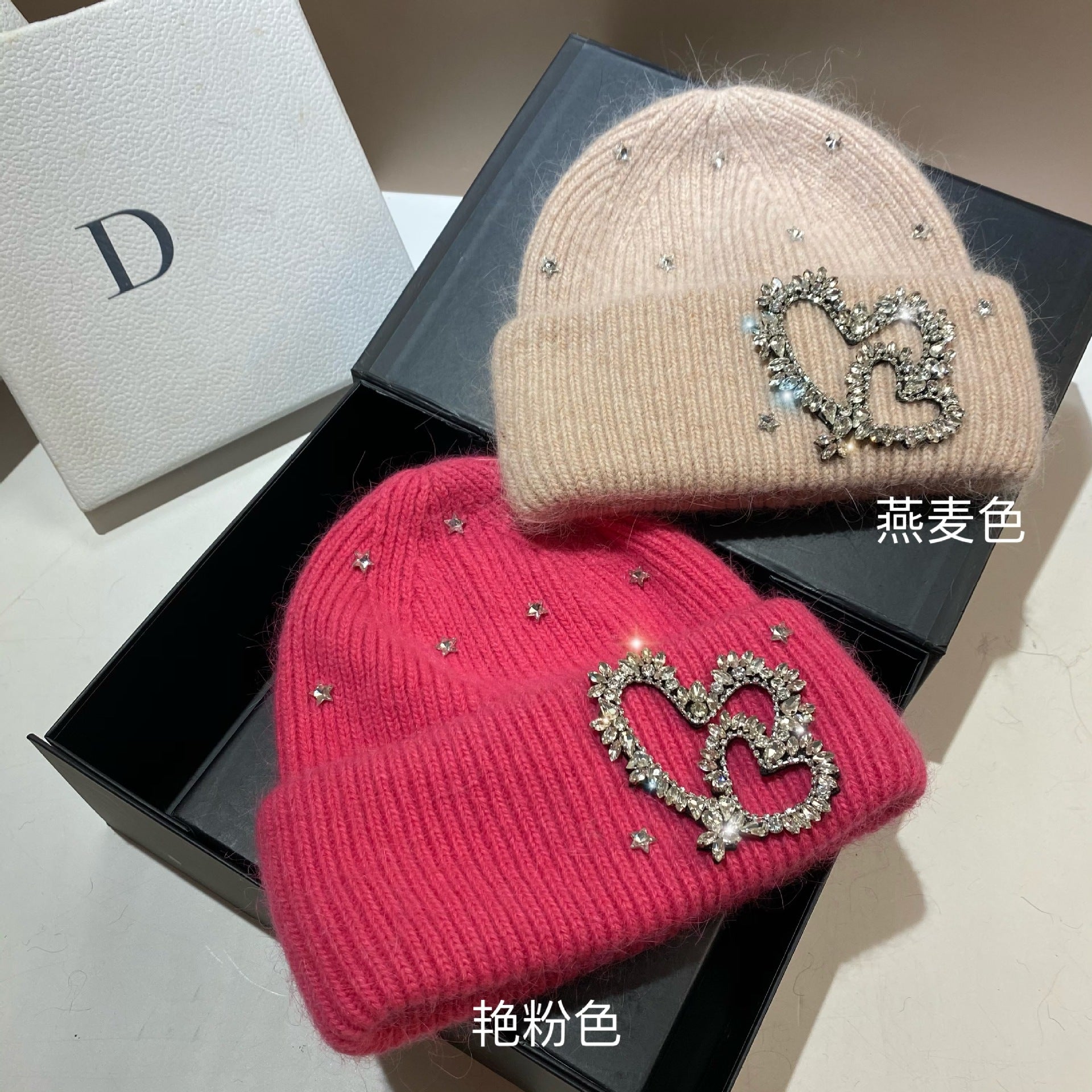 Wholesale Heavy Industry Rhinestone Heart Rabbit Fur Earmuff Knitted Hat