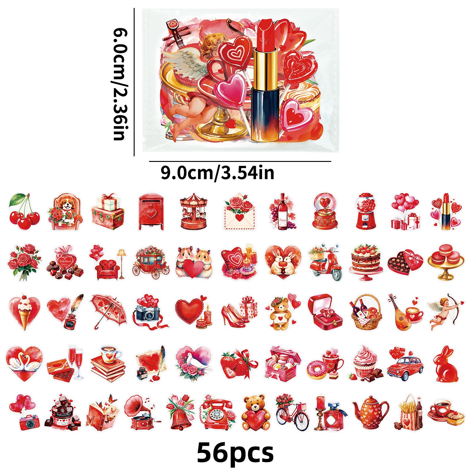 Wholesale 56pcs Red Cartoon Romantic Valentine' s Day Stickers