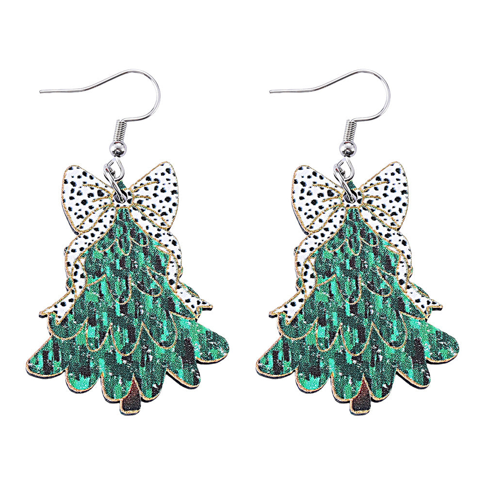 Wholesale Christmas Cow Pattern Bow Wooden Double-Sided Western Style Earrings