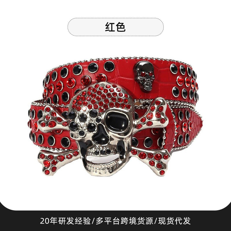 Wholesale Thick imitation leather belt with rhinestone alloy belt and trendy skull belt