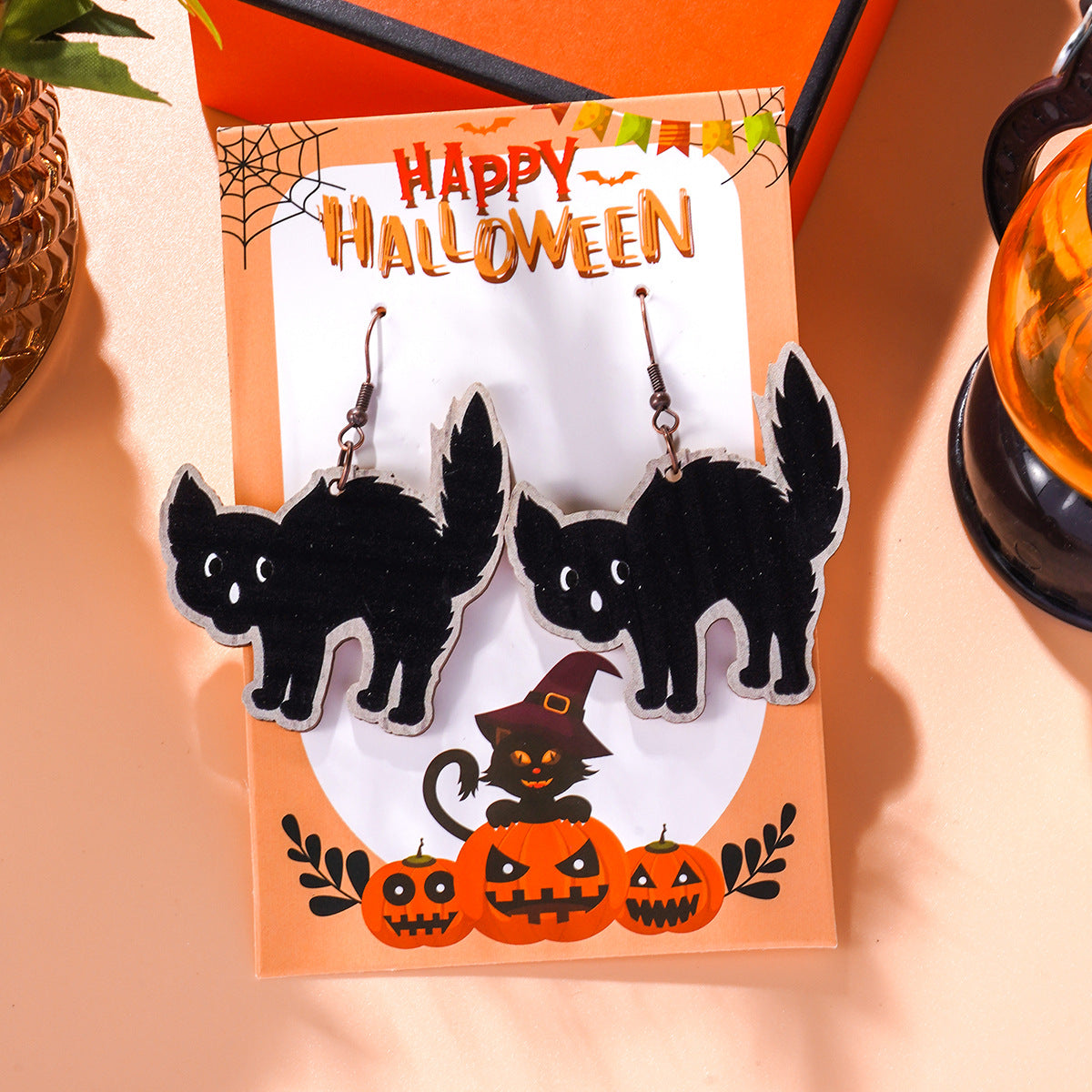 Wholesale Halloween Theme Funny Creative Cartoon Wooden Pumpkin Spider Kitten Earrings