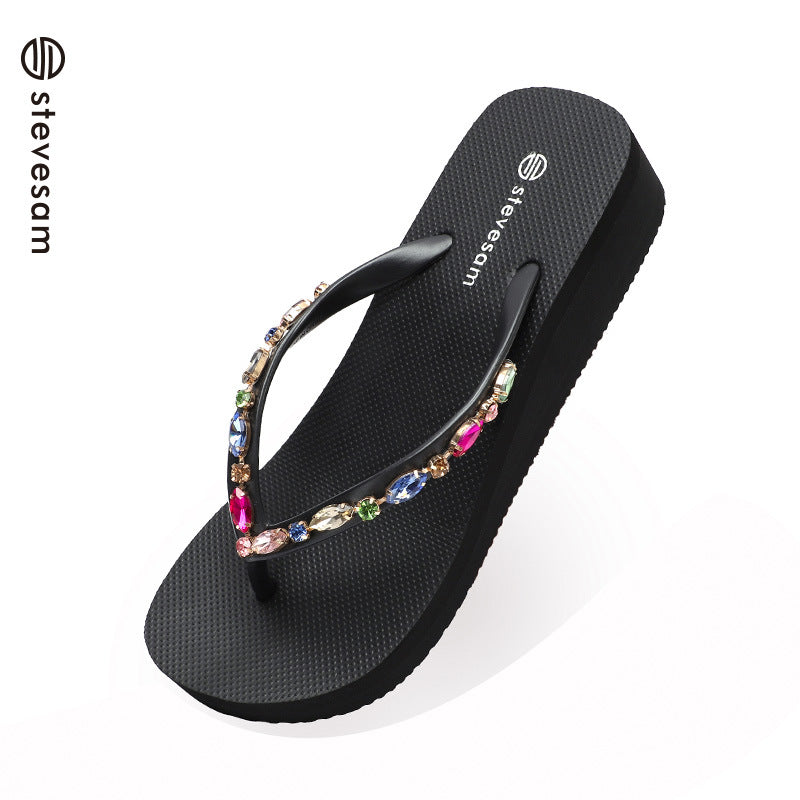 Wholesale Rhinestone Flip-Flops Women's Trendy Thick Bottom Beach Clip Leg Casual Wedge Sandals