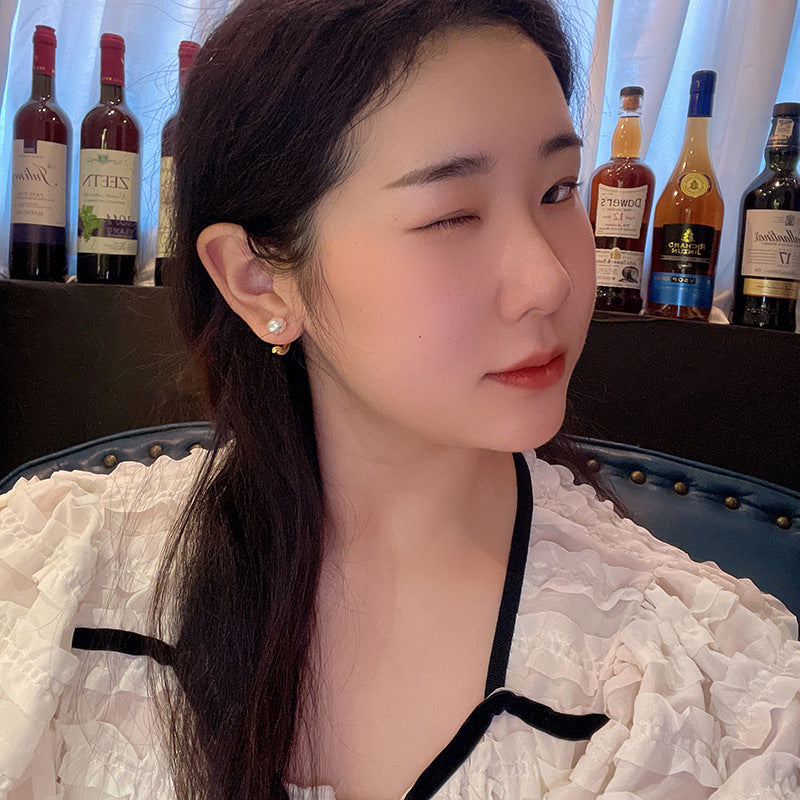 Wholesale Pearl Earrings Silver Post Front and Back Buckle Geometric Earrings