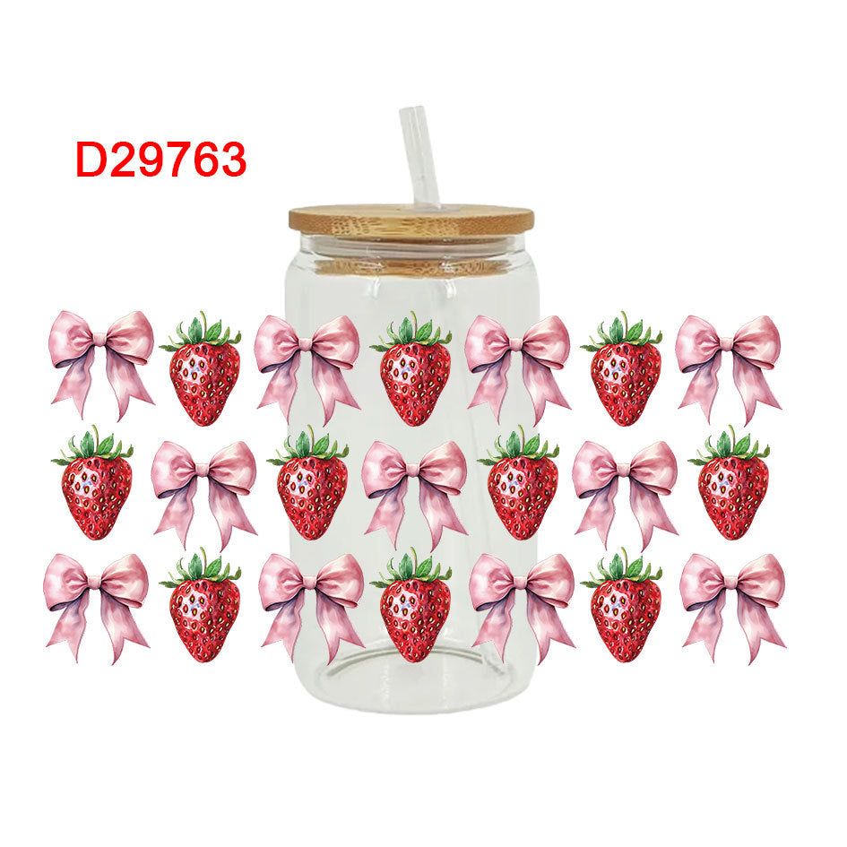 Wholesale Pink Strawberry Bow 16oz Cup UV DTF Wrap