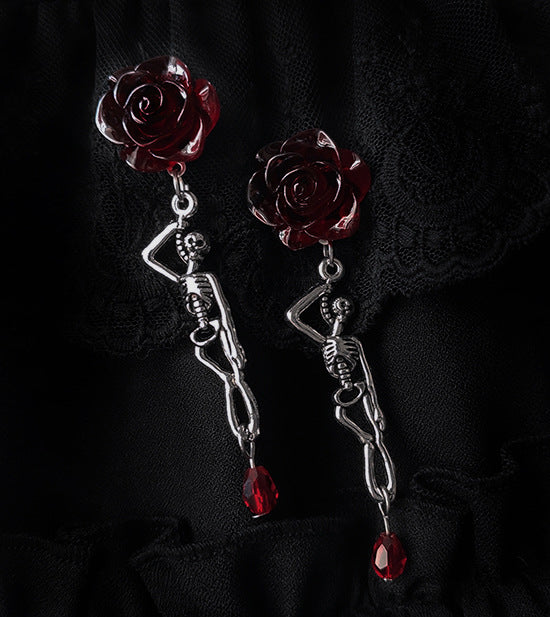 Wholesale Dark Blood Rose Skull Rose Ruby Alloy Earrings