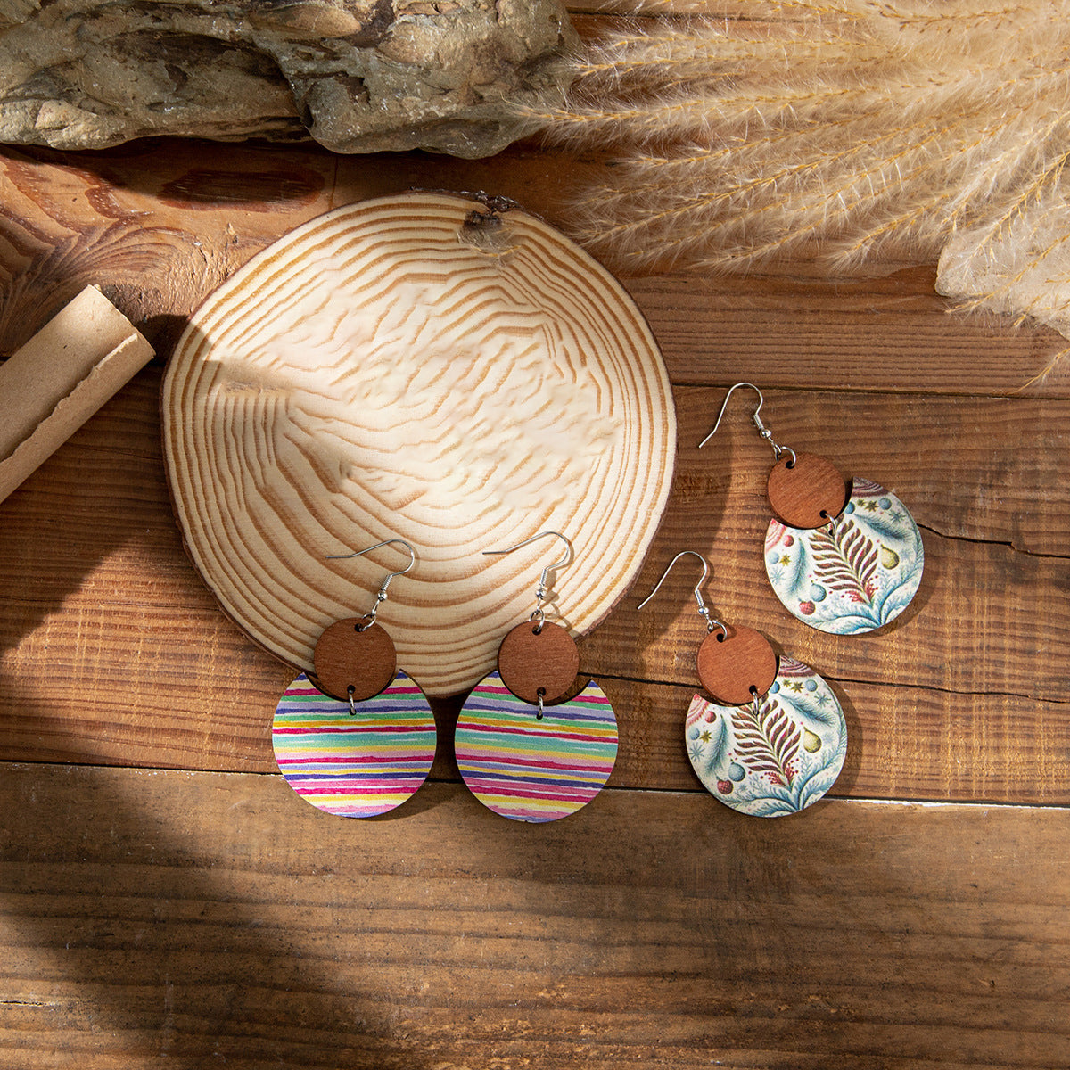 Wholesale Exaggerated Boho Wooden Round Earrings