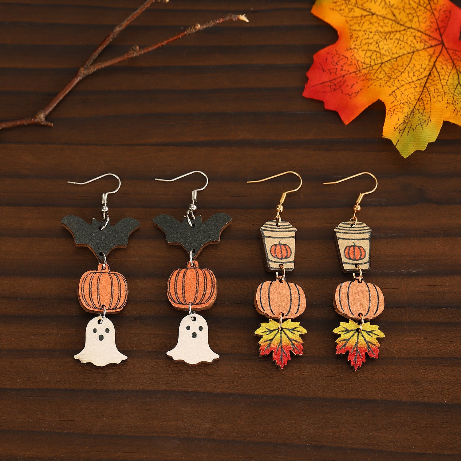 Wholesale Wooden  Earrings Pumpkin Maple Leaf Ghost Cat Hollow Drop Design Electroplated Chic Fashion Jewelry Accessory For Women