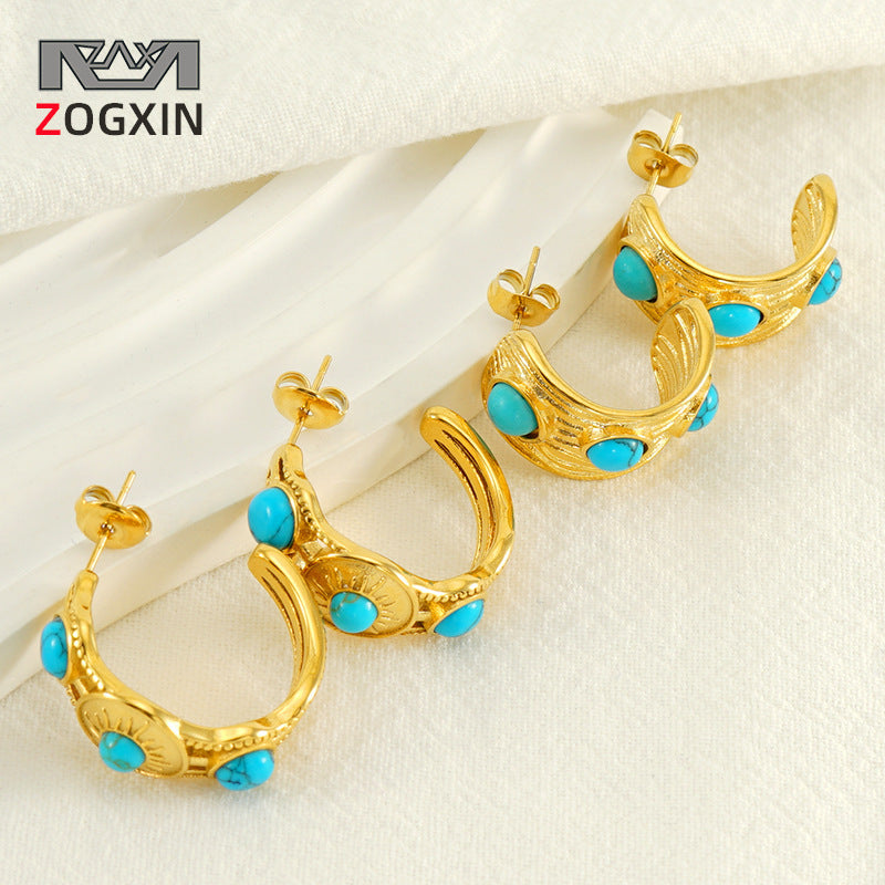 Wholesale Retro Fashion Temperament Versatile Design Texture Light Luxury Inlaid Blue Turquoise Earrings