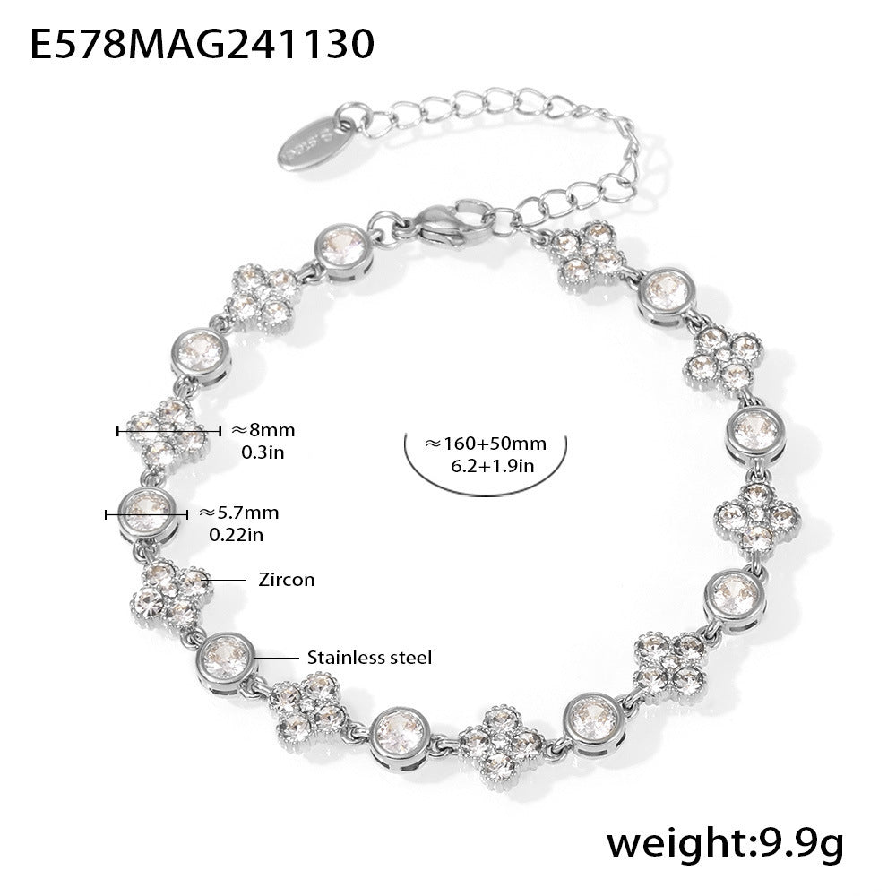 Wholesale Stainless Steel Plum Blossom Round Diamond Hand-assembled Zircon Plated 18k Real Gold Bracelet