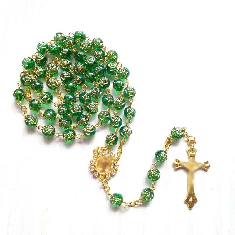 Wholesale Hand-strung Long Sweater Chain with Blue Gilt Rose Beads