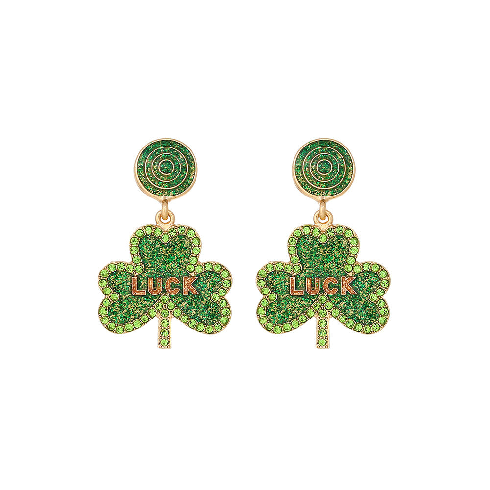 Wholesale St. Patrick's Four-leaf Clover Alloy Oil-drip Diamond LUCK Earrings