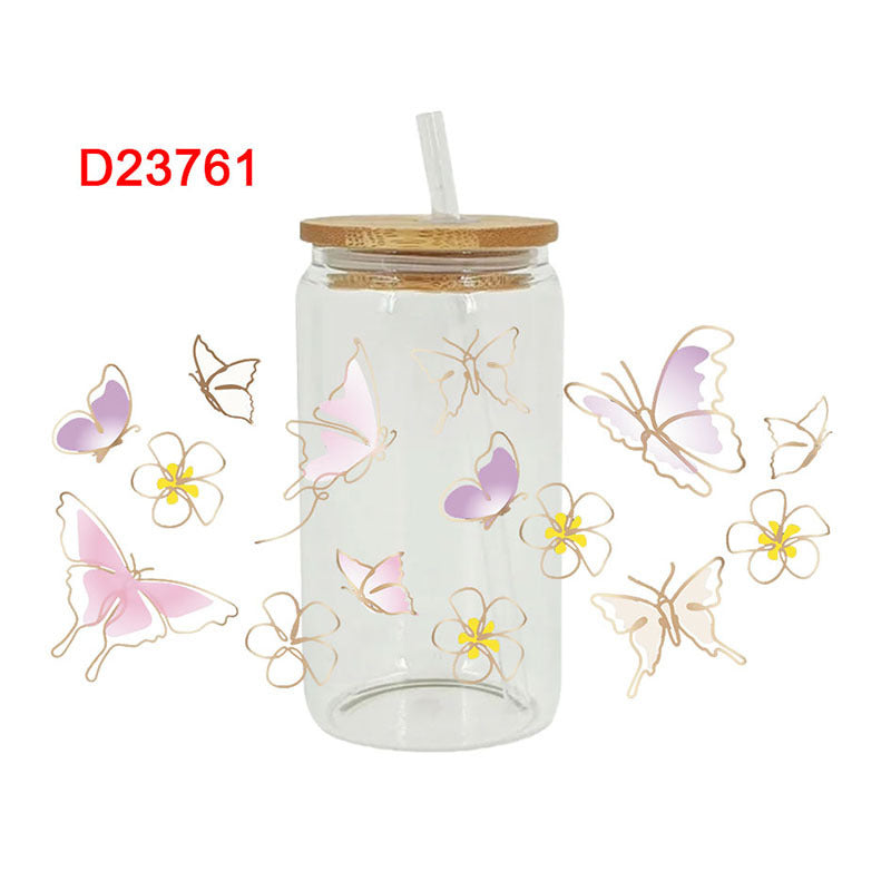 Wholesale Colorful Butterfly Flowers 16oz Cup UV DTF Wraps
