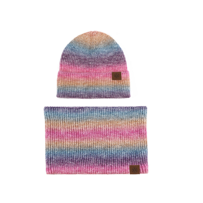 Wholesale Winter Outdoor Warm Tie-dye Knitted Scarf Hat Gradient Color Velvet Suit