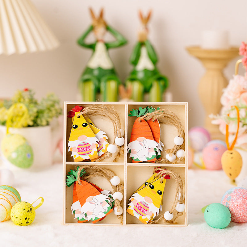 Wholesale Easter 4-grid Wooden Boxes with Wooden Dwarf Radish Pendant Decorations