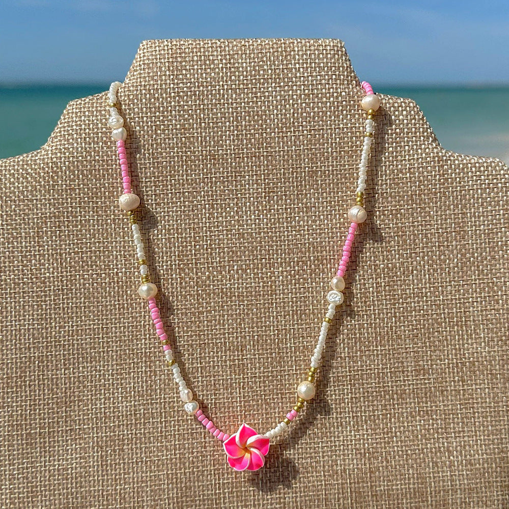 Wholesale Beach Bohemian Holiday Style Plumeria Flower Rice Bead Necklace