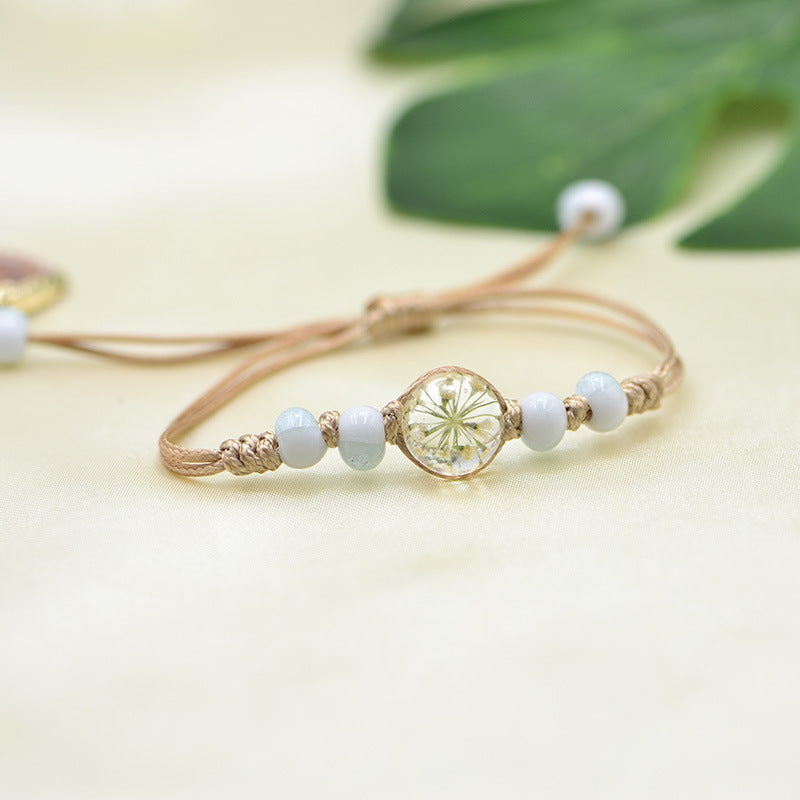 Wholesale Ceramic Glass Ball Dried Flower Plant Real Flower Woven Bracelet