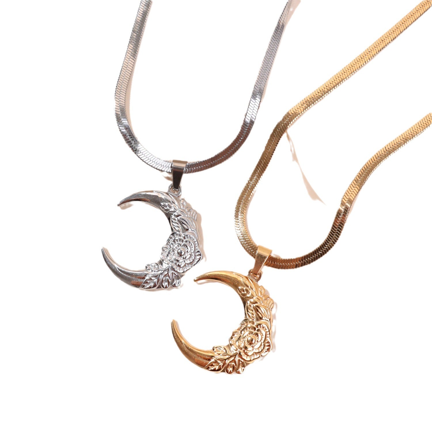Wholesale Stainless Steel Moon Pendant Flat Snake Chain Necklace